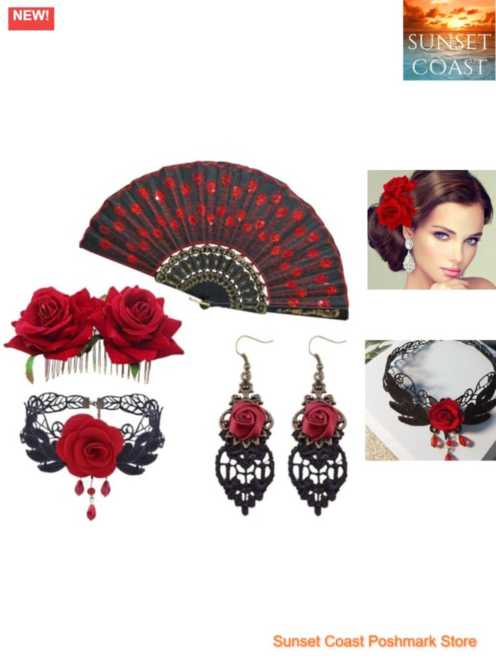 Flamenco Dancer Accessory Set Rose Hair Clip Sequin Fan Choker Earrings